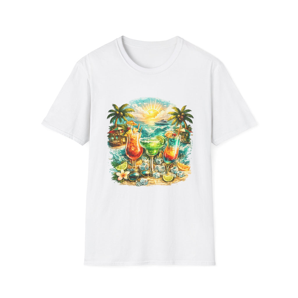 Tropical Sunset Beach Scene T-Shirt | Palm Trees, Ocean, Cocktails