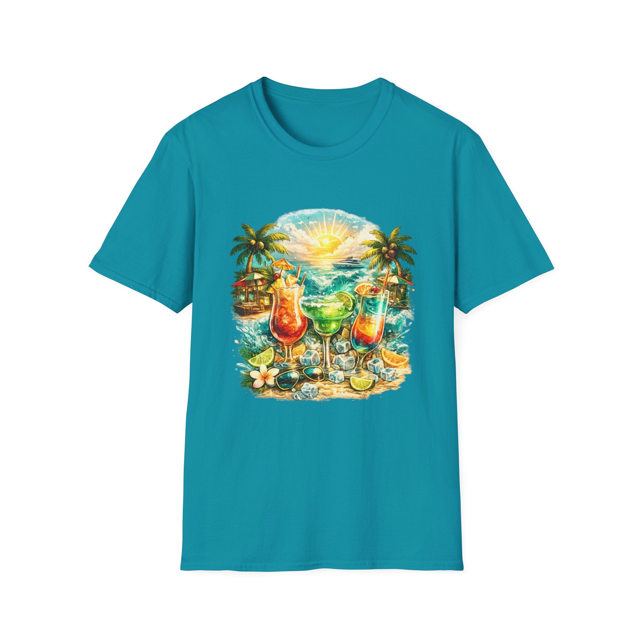 Tropical Sunset Beach Scene T-Shirt | Palm Trees, Ocean, Cocktails
