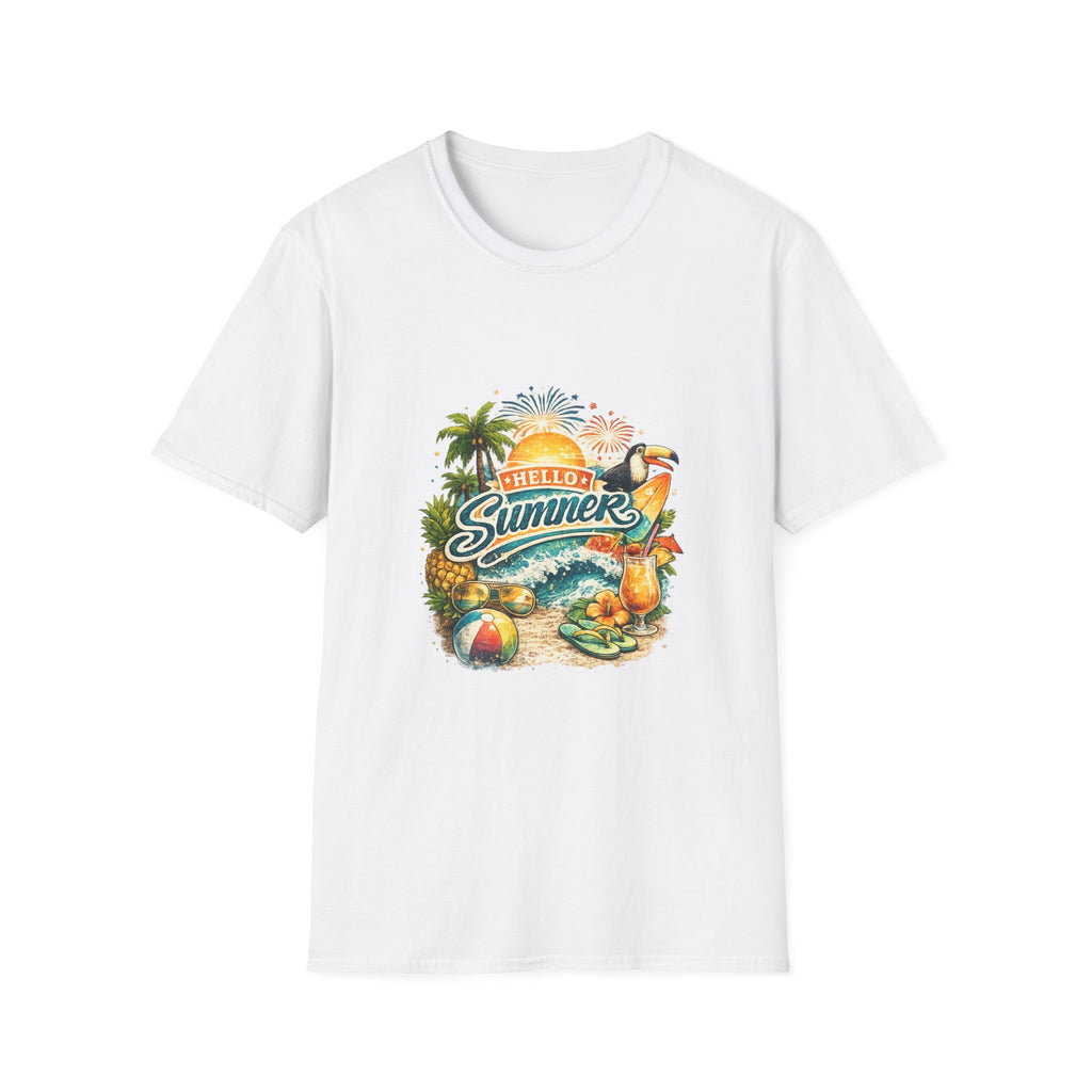 Hello Summer Tropical Graphic T-Shirt | Toucan Beach Sunset Design