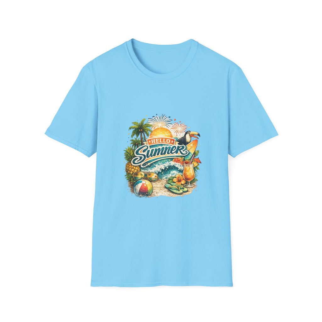 Hello Summer Tropical Graphic T-Shirt | Toucan Beach Sunset Design