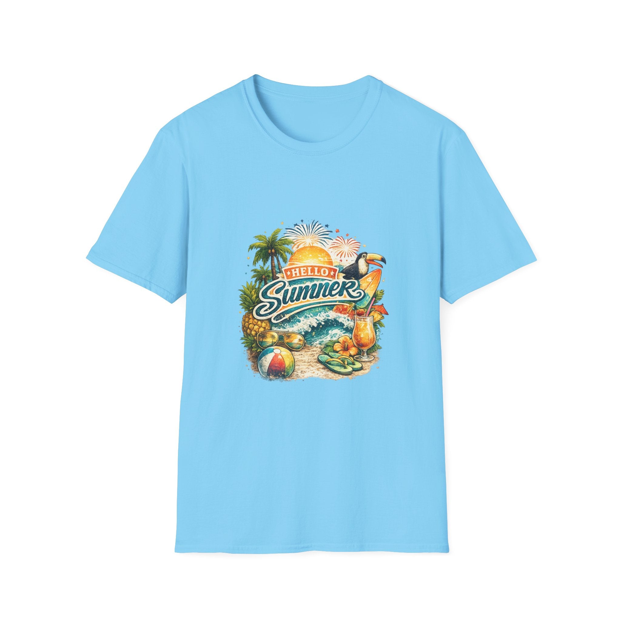 Hello Summer Tropical Graphic T-Shirt | Toucan Beach Sunset Design