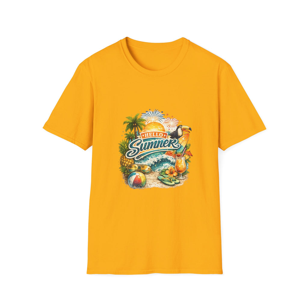 Hello Summer Tropical Graphic T-Shirt | Toucan Beach Sunset Design