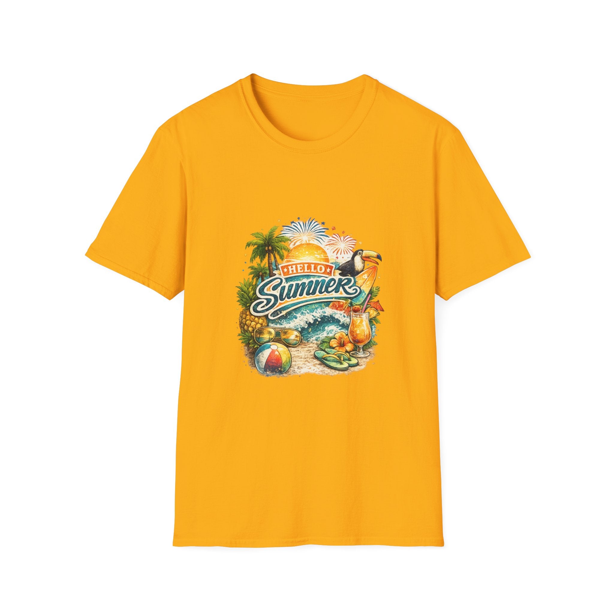 Hello Summer Tropical Graphic T-Shirt | Toucan Beach Sunset Design