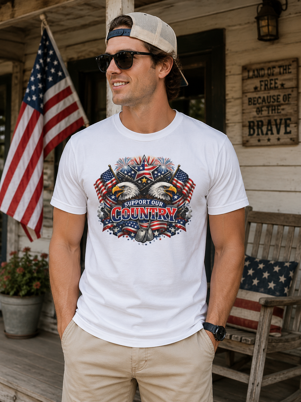 Support Our Country T-Shirt — Patriotic Bald Eagle & American Flags