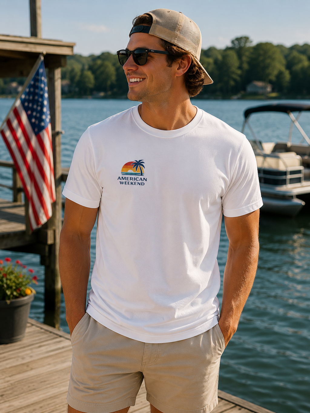 American Weekend T-Shirt — Retro Sunset Palm Tree Graphic