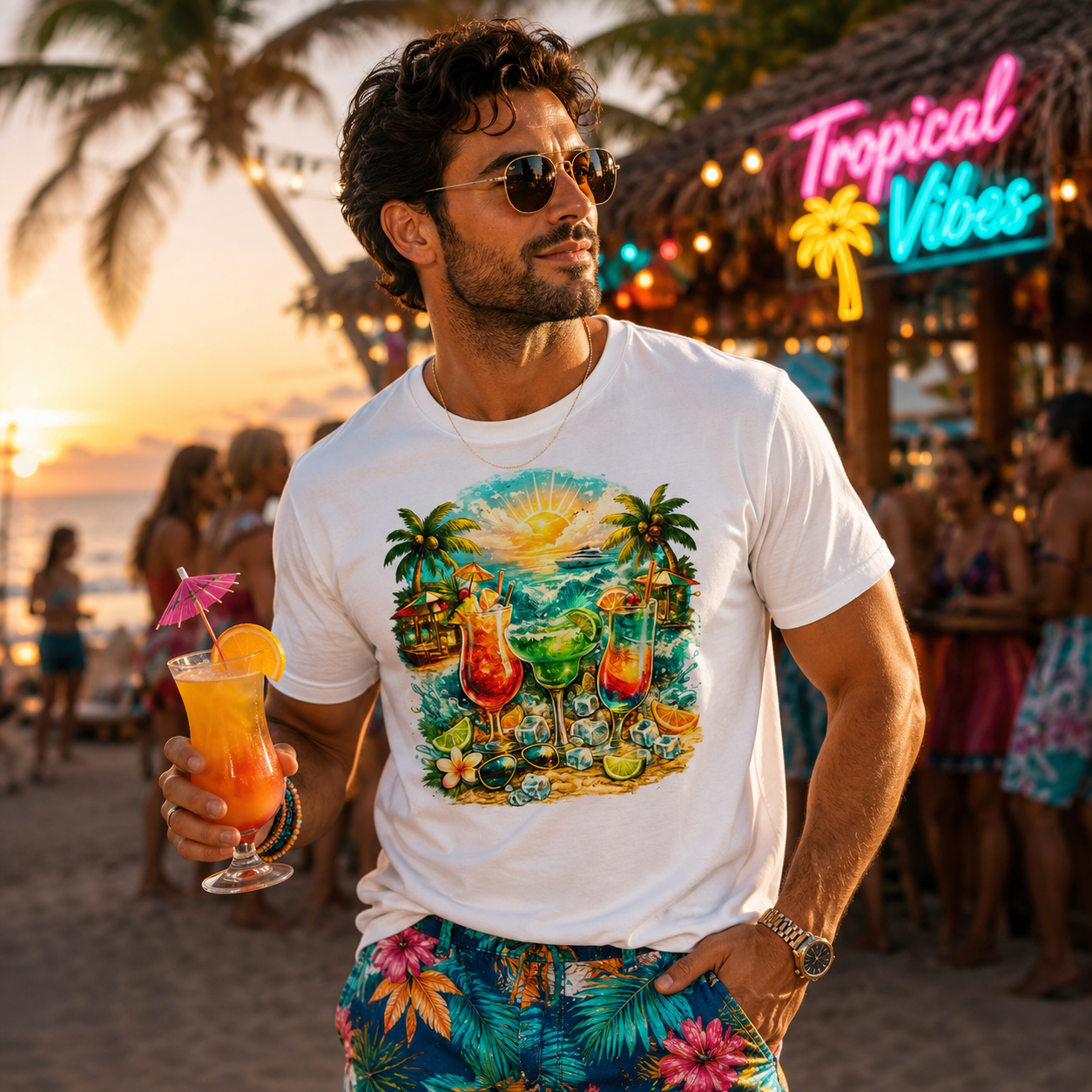 Tropical Sunset Beach Scene T-Shirt | Palm Trees, Ocean, Cocktails