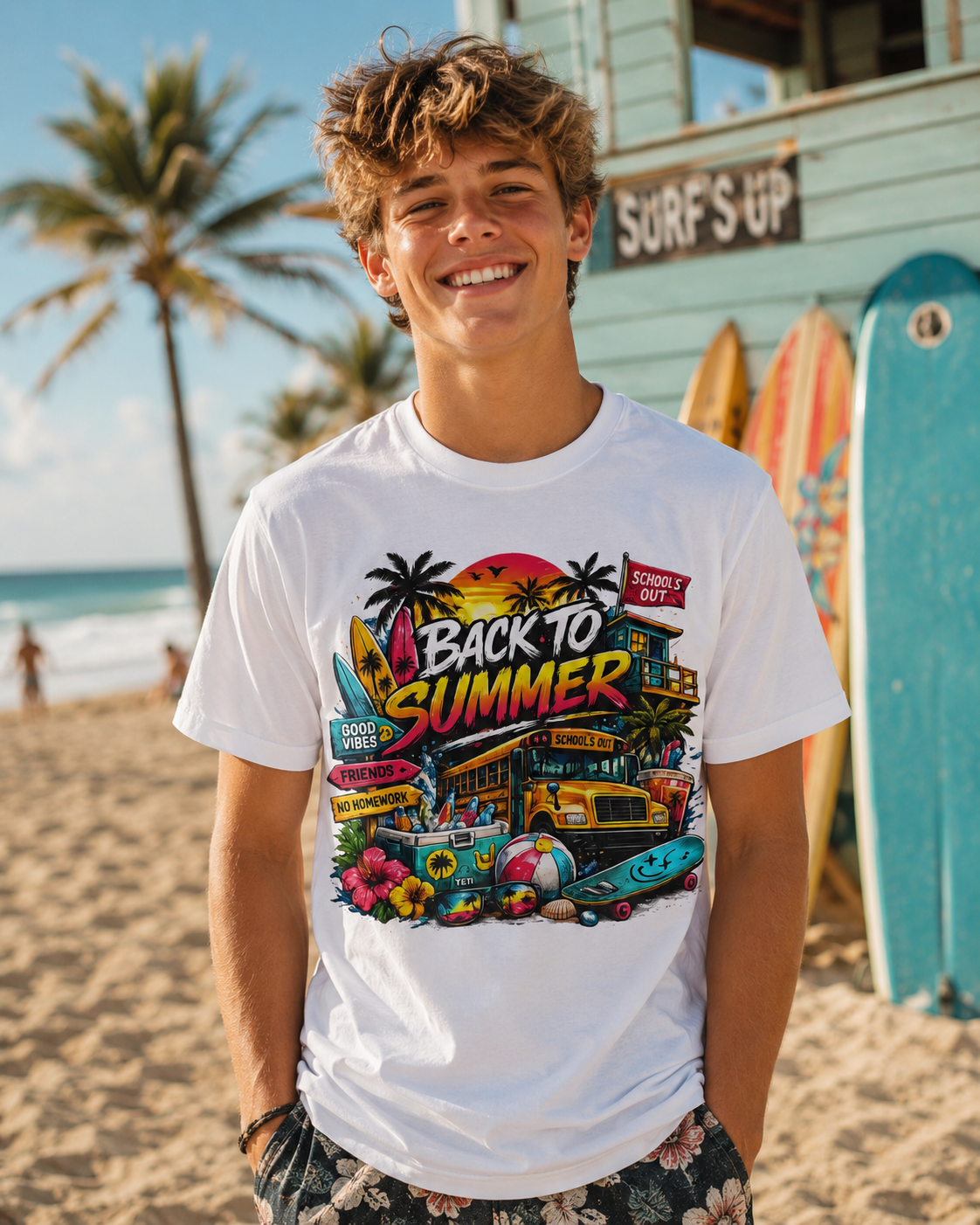Back to Summer T-Shirt | Retro Beach Surf Palm Tree Design