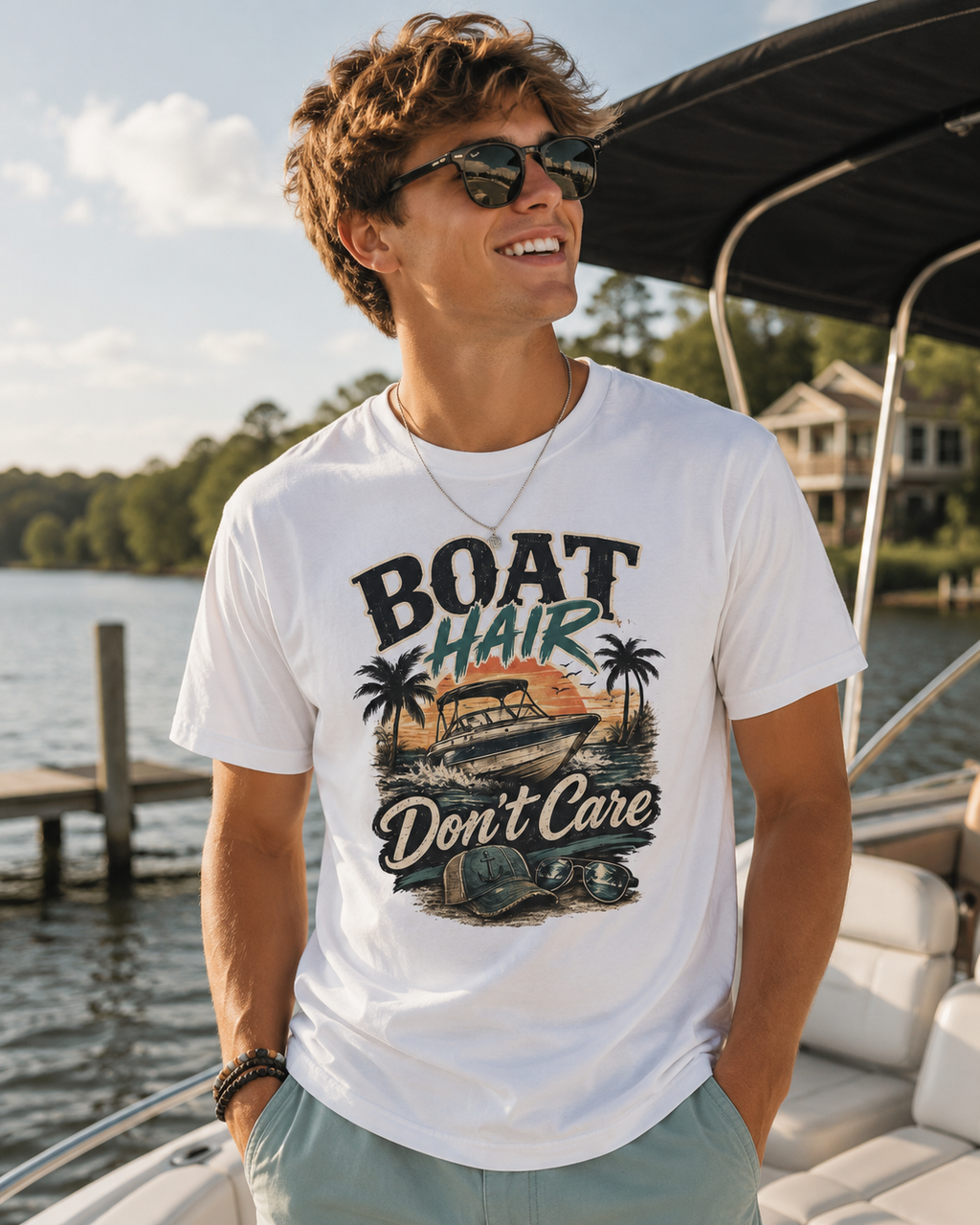 Boat Hair Don't Care T-Shirt | Boat Graphic, Palm Trees, Sunset