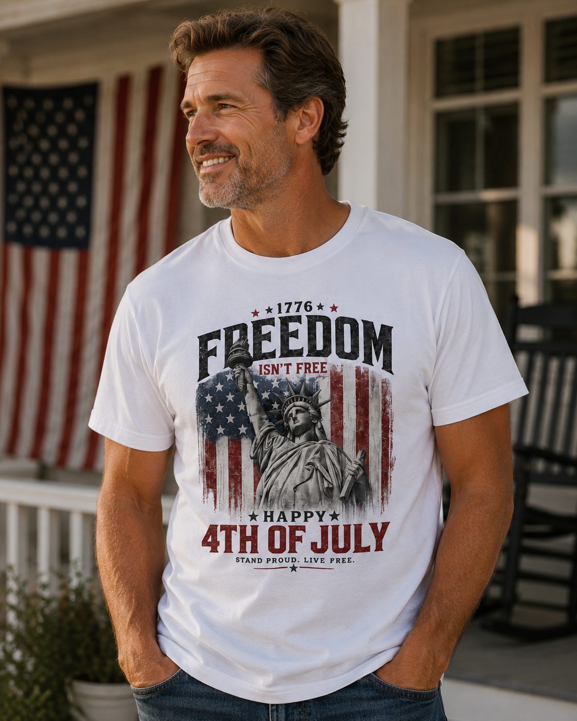 Freedom Isn't Free Statue of Liberty 4th of July T-Shirt | Patriotic Flag Tee