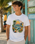 Hello Summer Tropical Graphic T-Shirt | Toucan Beach Sunset Design