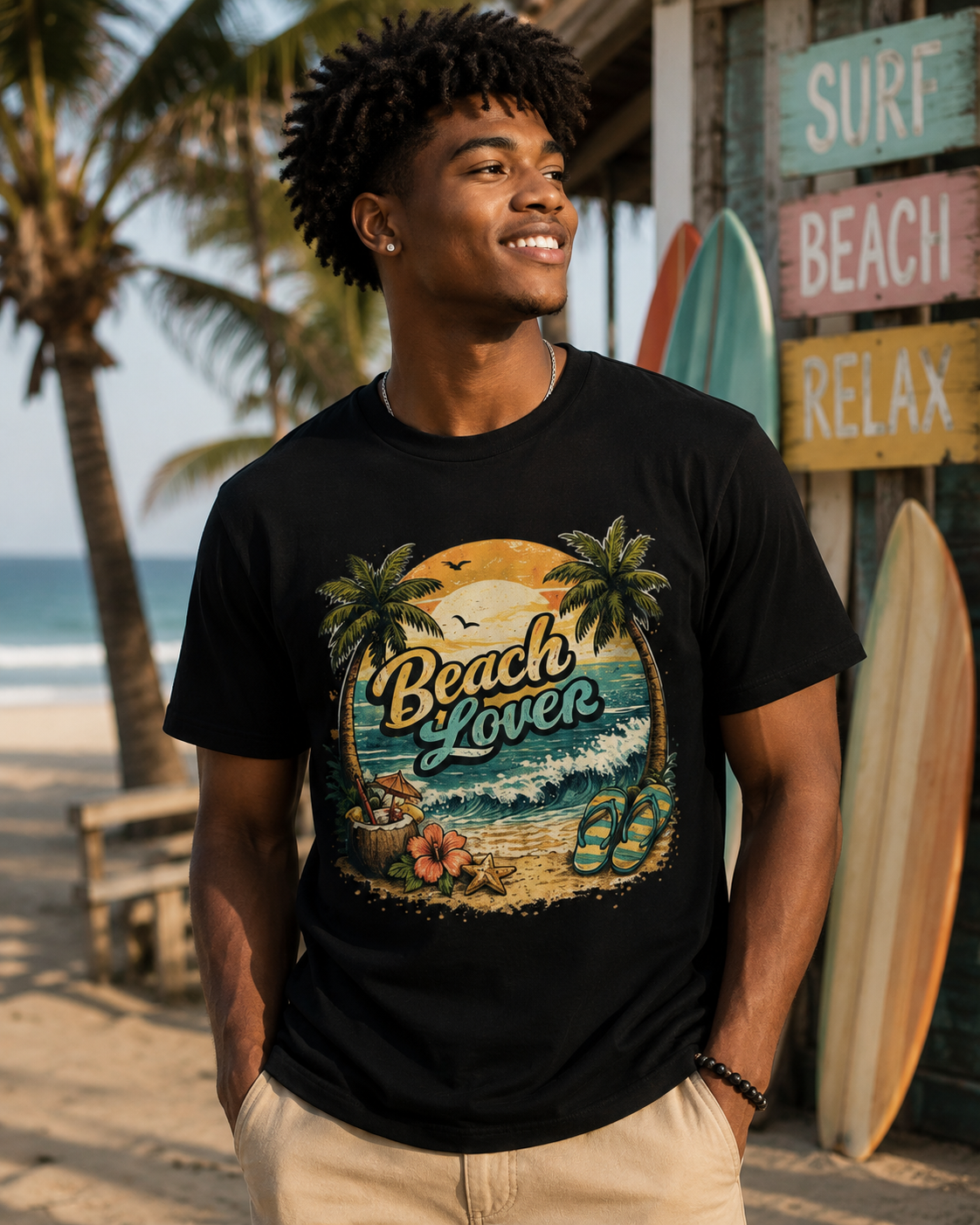 Beach Lover T-Shirt | Vintage Sunset Palm Trees Ocean Waves